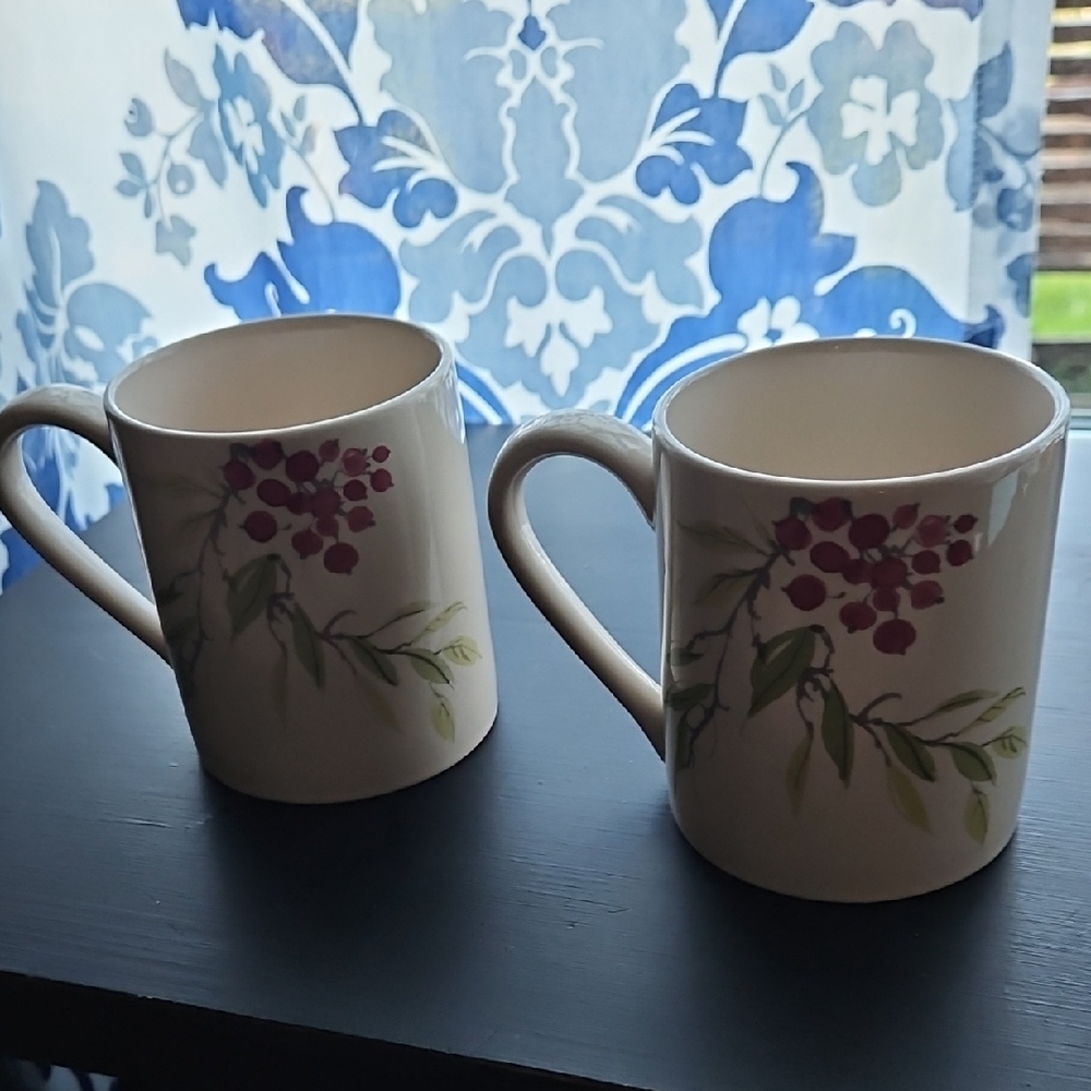 Corelle Cream Mugs with Purple Berry and Green Leaf Design (Set of 2)